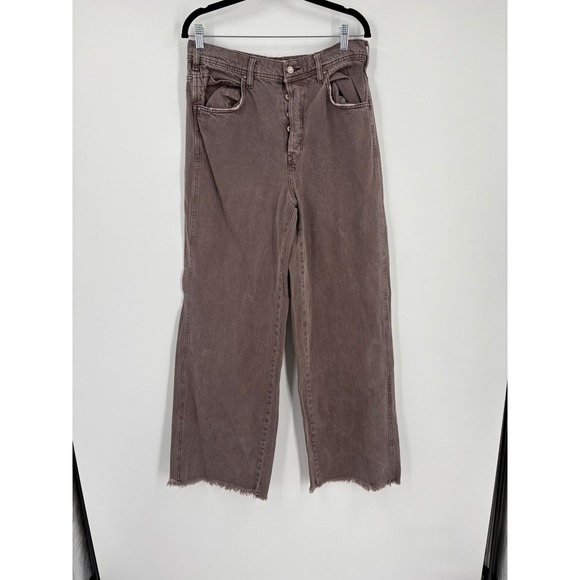 Free People Denim - We The Free Free People Wide Leg Jeans Brown Mauve High Rise Raw Hem Size 28